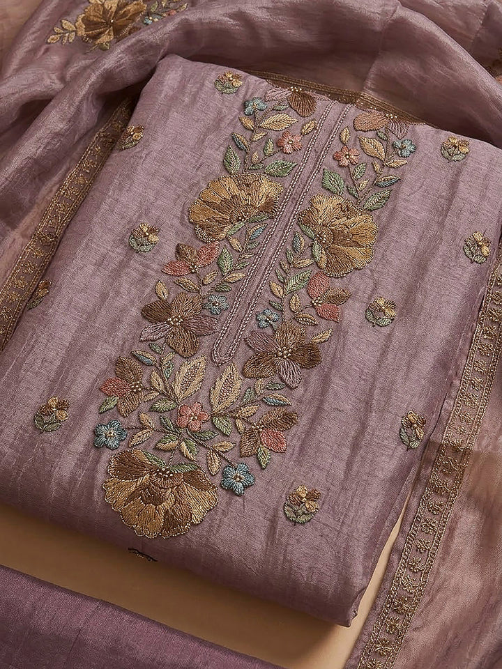 Purple Organza Embroidered Unstitched Dress Material