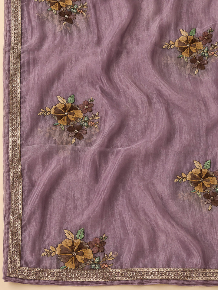 Purple Organza Embroidered Unstitched Dress Material
