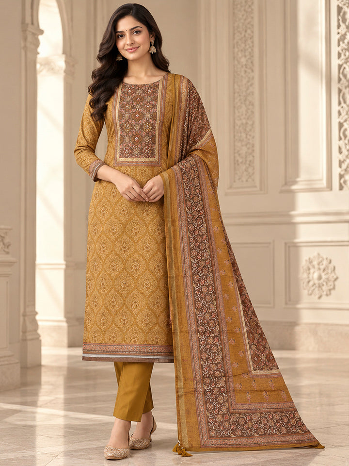 Mustard Chanderi Printed Unstitched Dress Material