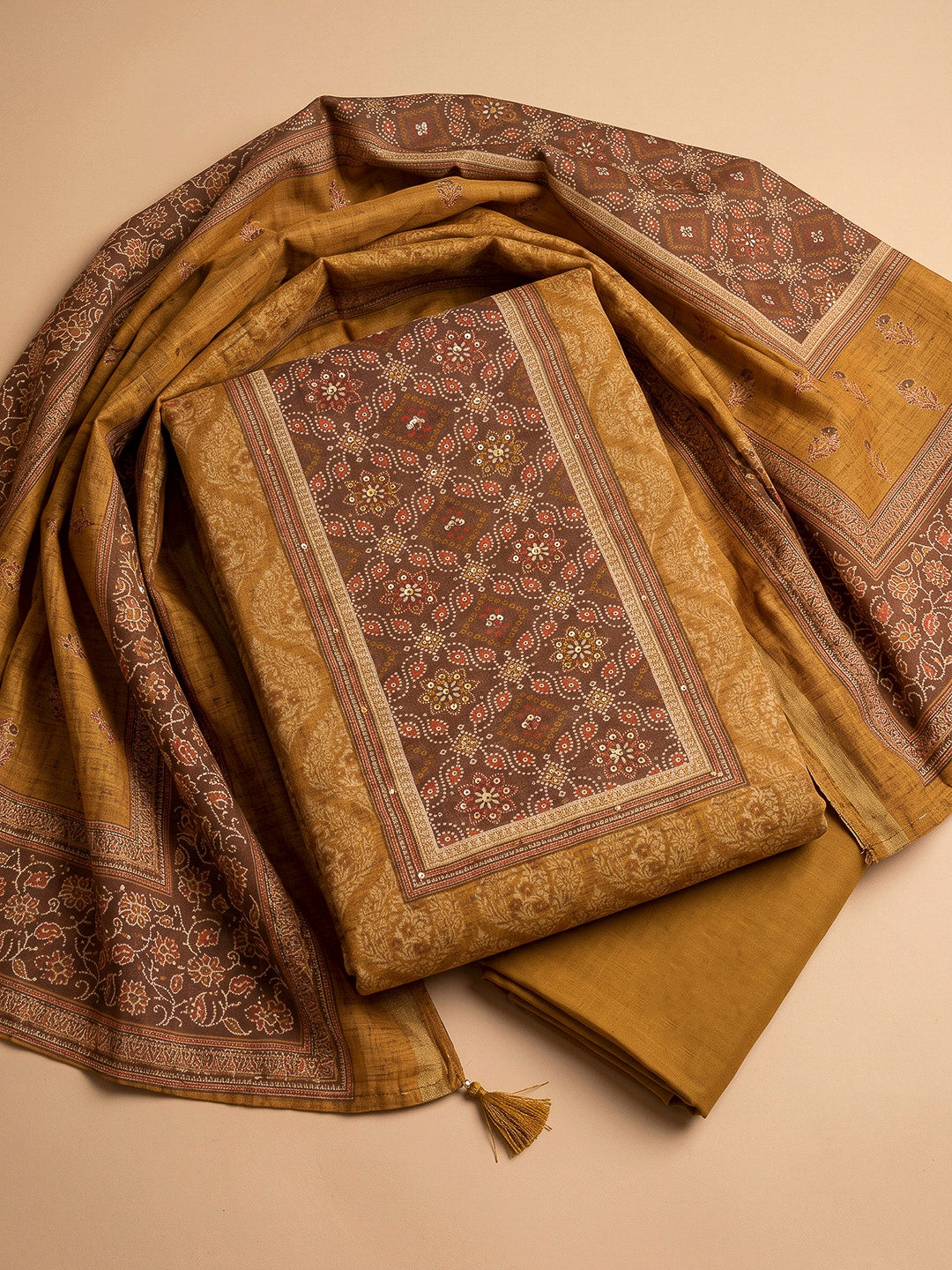 Mustard Chanderi Printed Unstitched Dress Material