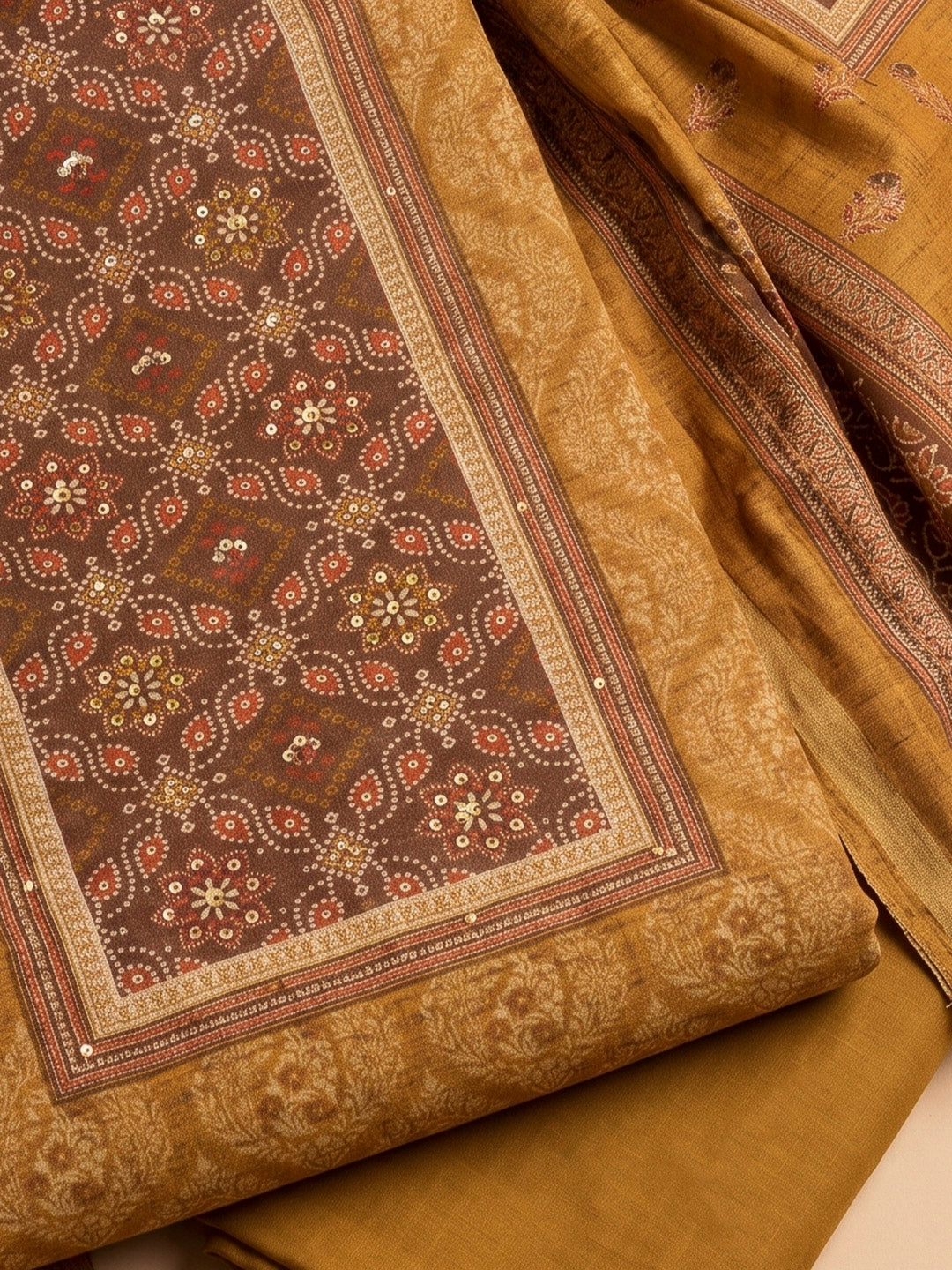 Mustard Chanderi Printed Unstitched Dress Material