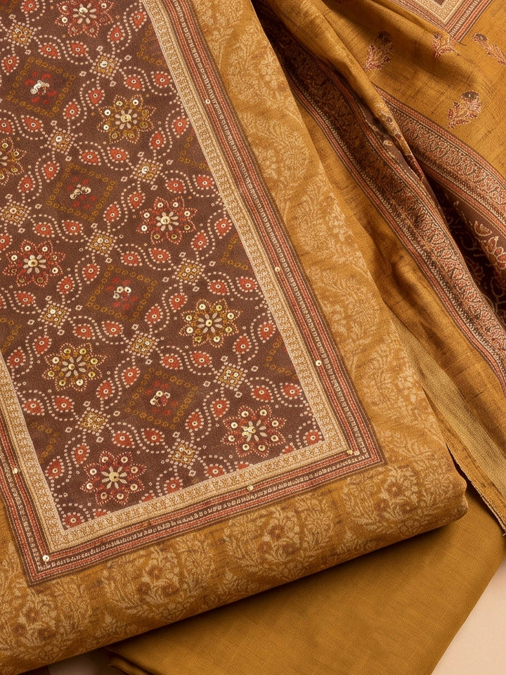 Mustard Chanderi Printed Unstitched Dress Material