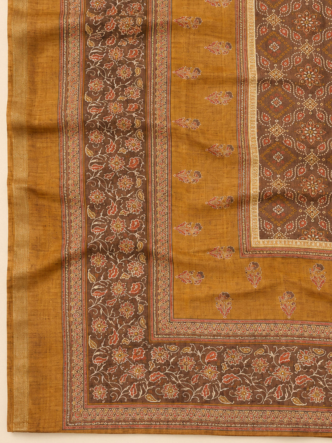 Mustard Chanderi Printed Unstitched Dress Material