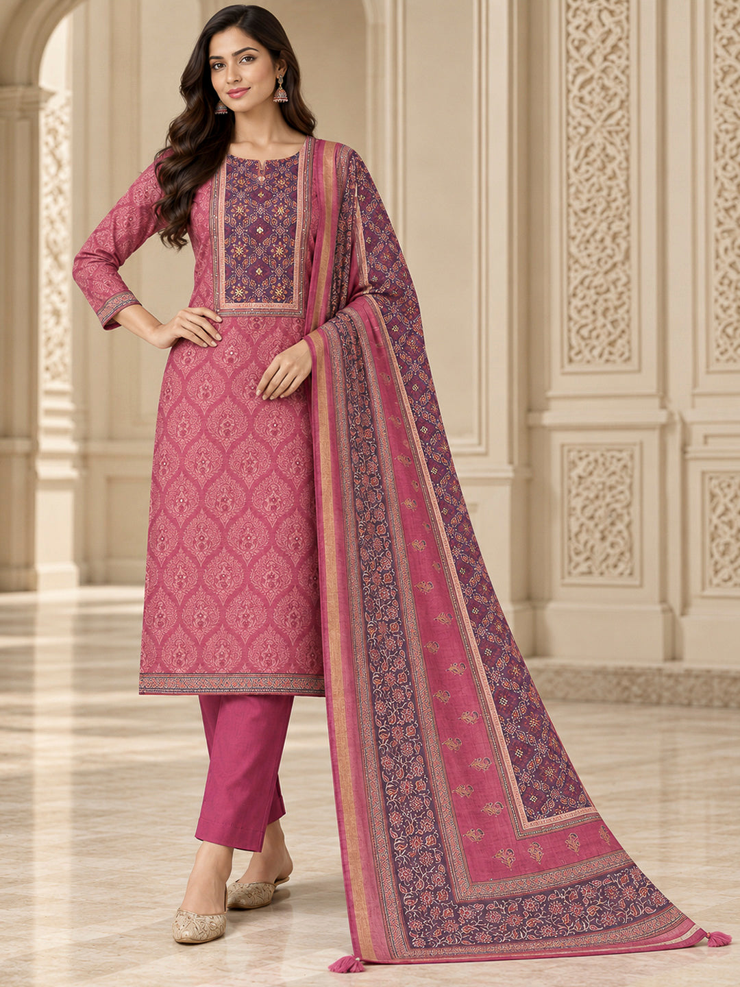 Onion Pink Chanderi Printed Unstitched Dress Material
