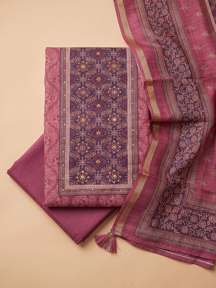Onion Pink Chanderi Printed Unstitched Dress Material