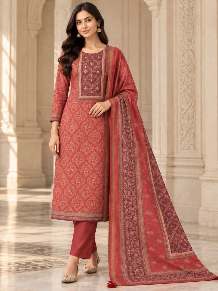 Rust Chanderi Printed Unstitched Dress Material