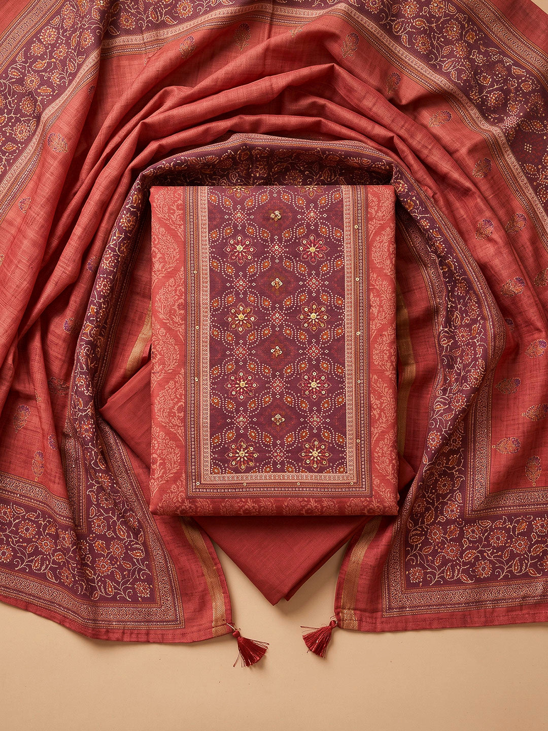 Rust Chanderi Printed Unstitched Dress Material