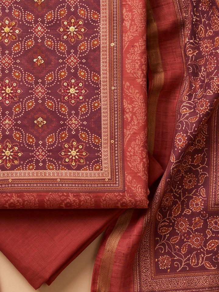 Rust Chanderi Printed Unstitched Dress Material