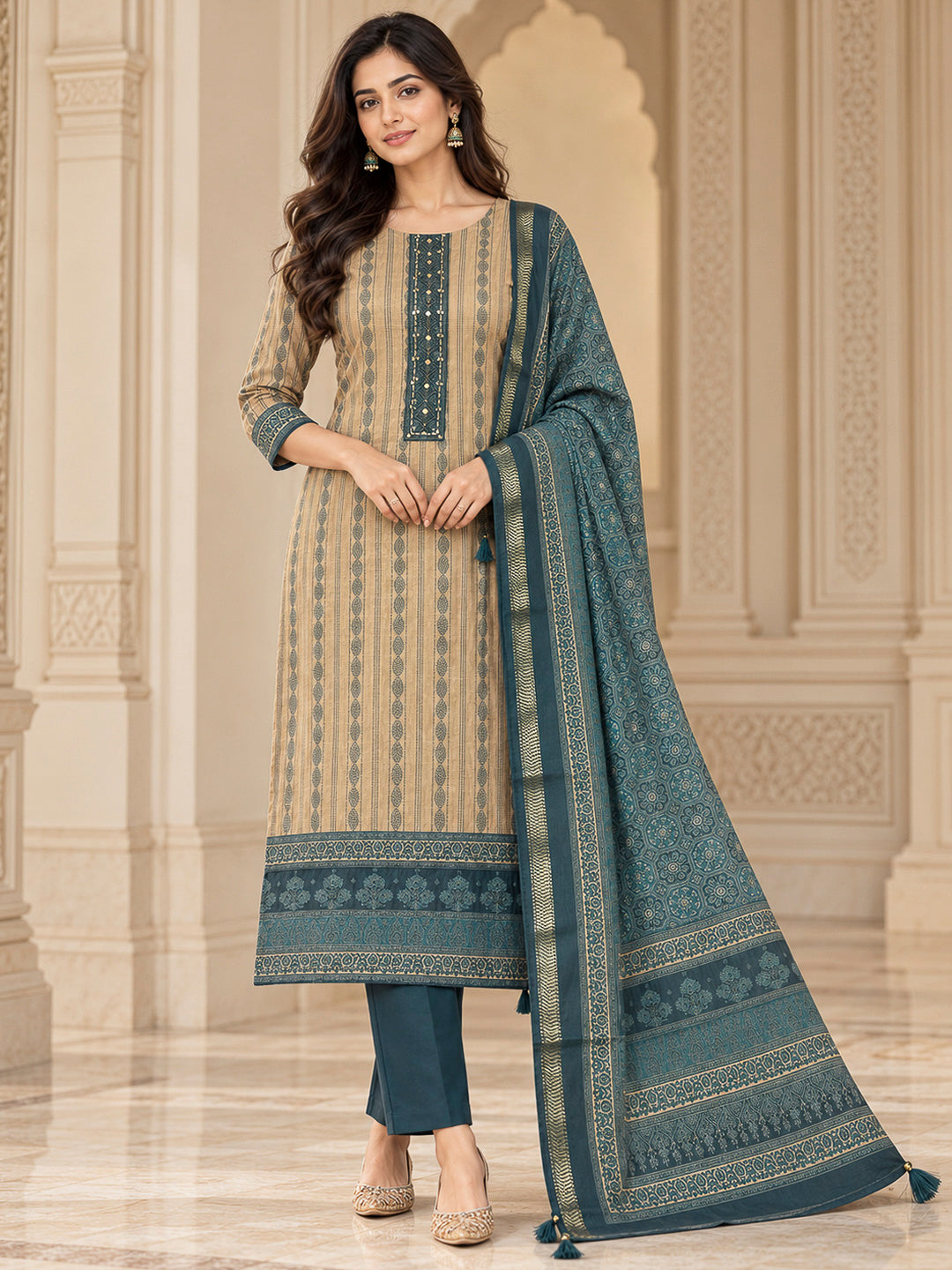 Green Tussar Printed Unstitched Dress Material