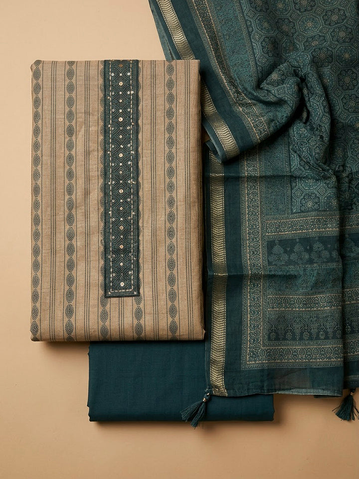 Green Tussar Printed Unstitched Dress Material