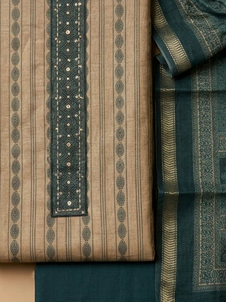 Green Tussar Printed Unstitched Dress Material