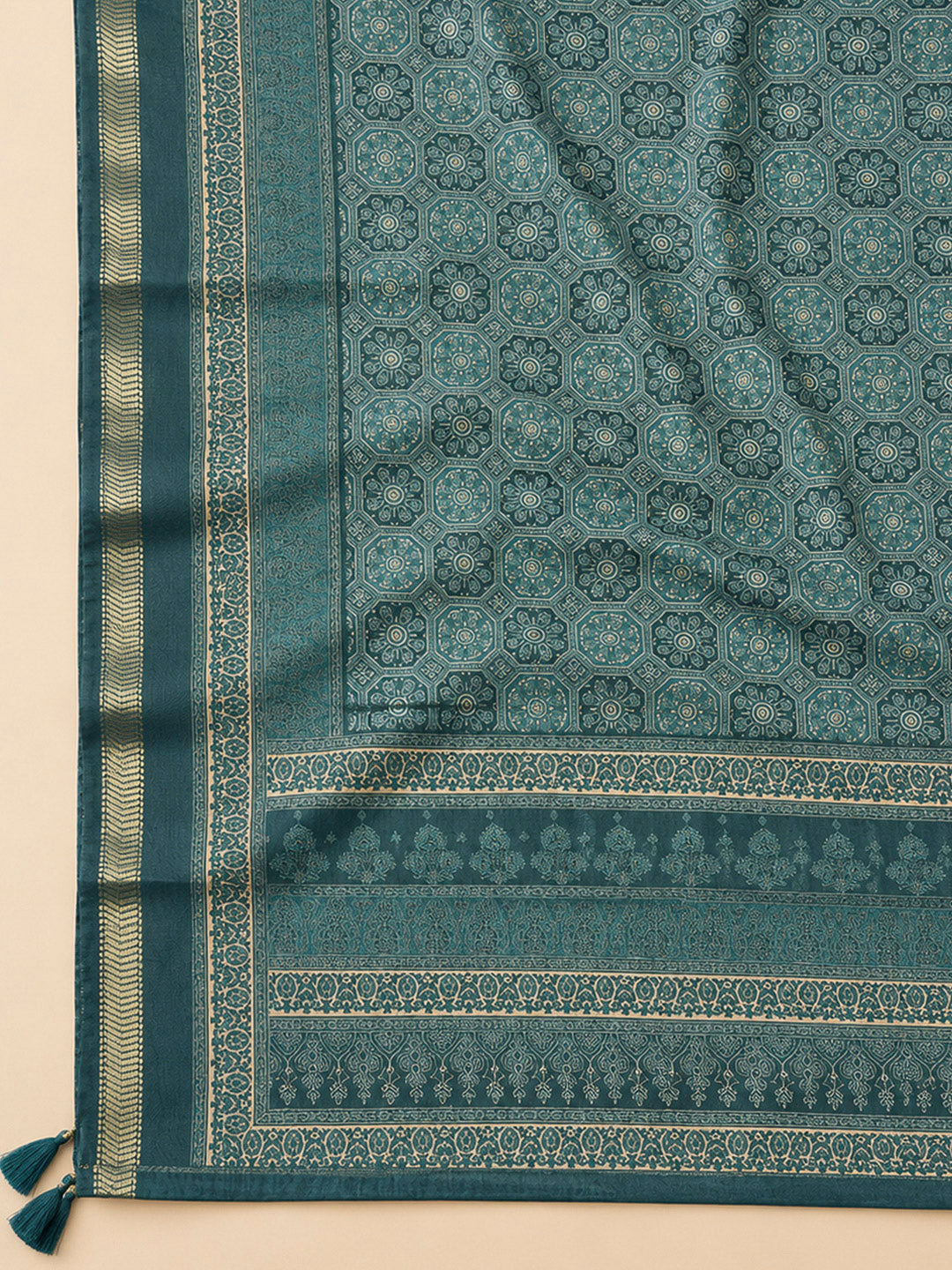 Green Tussar Printed Unstitched Dress Material