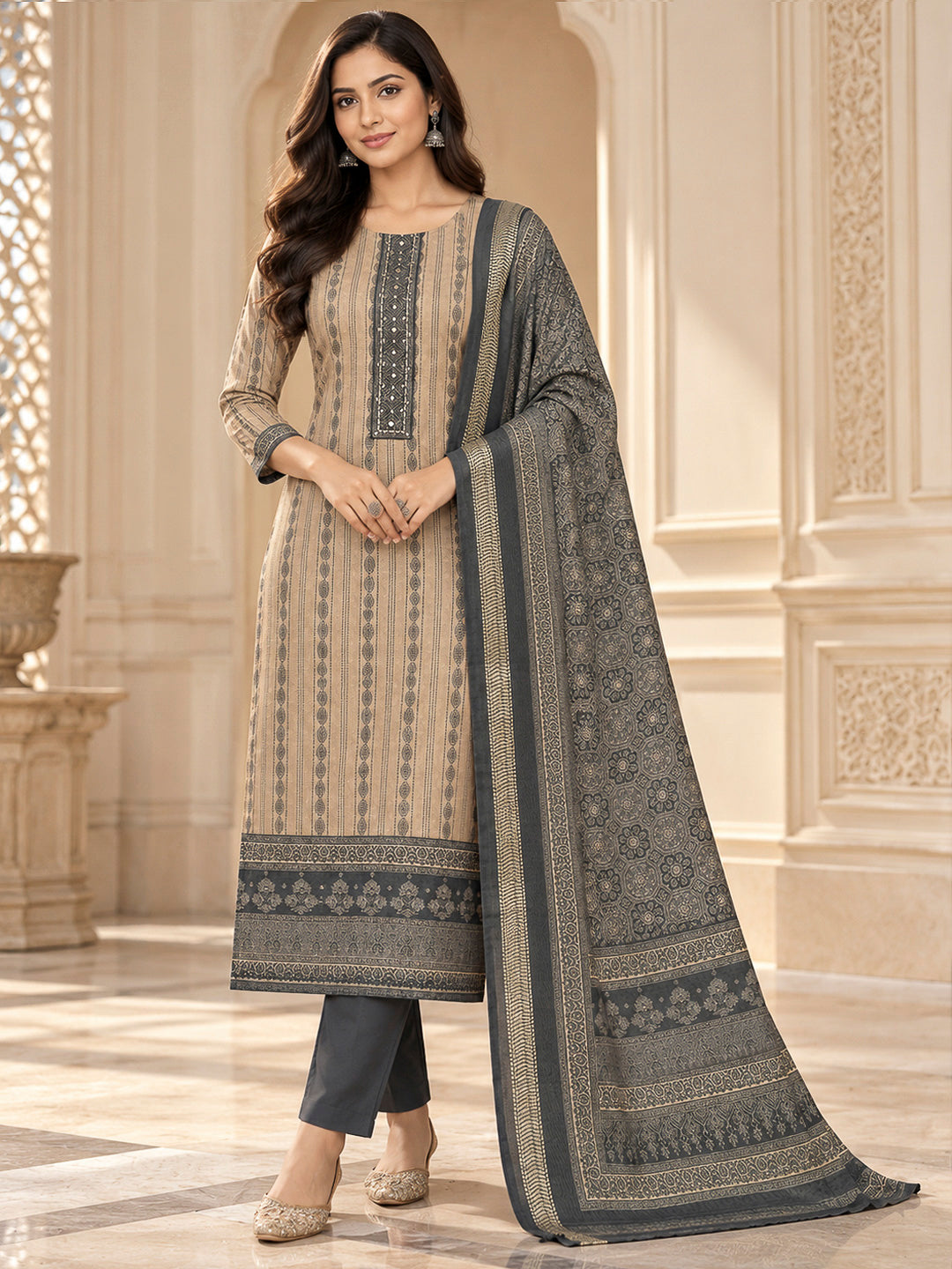 Grey Tussar Printed Unstitched Dress Material