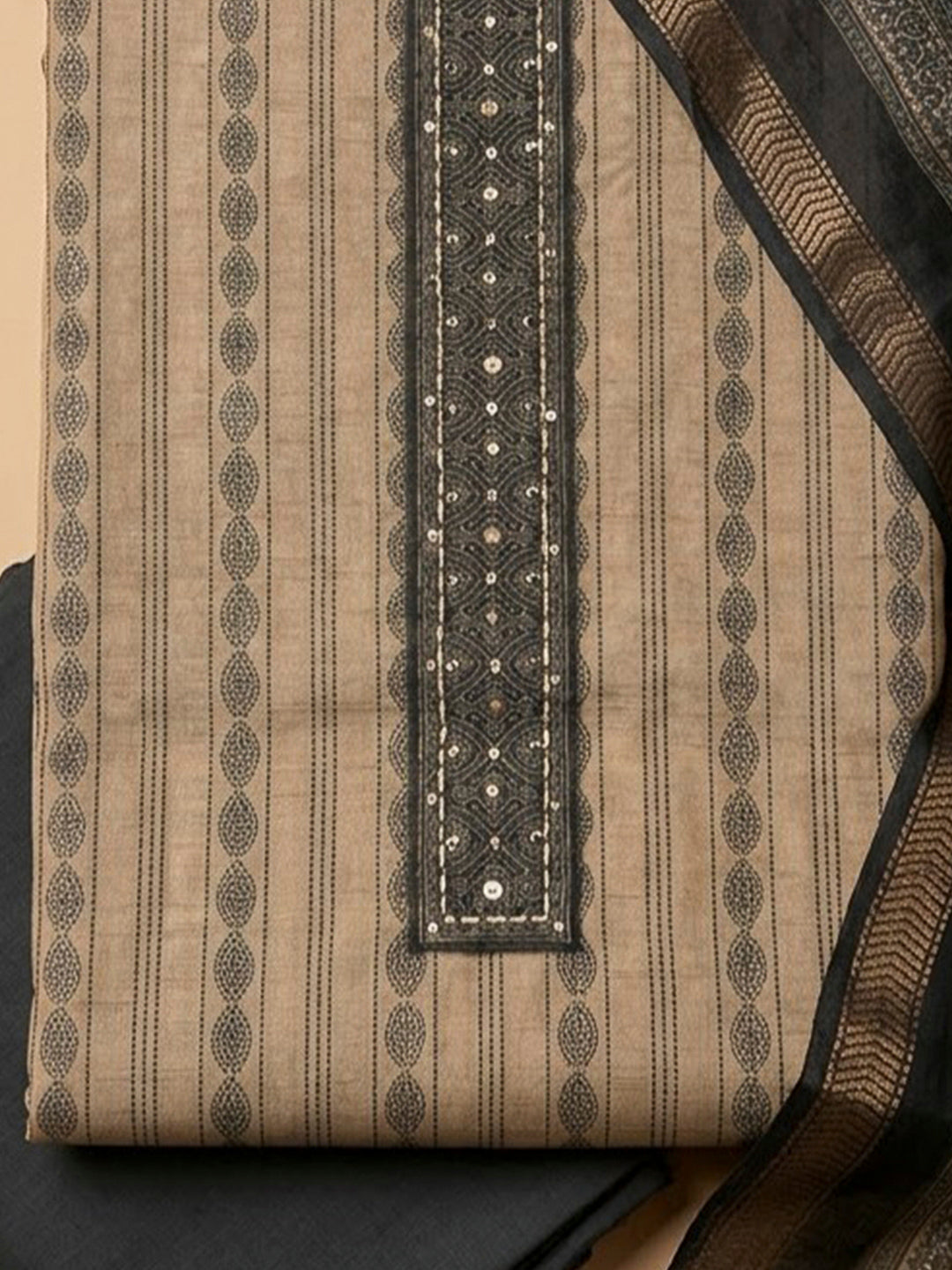 Grey Tussar Printed Unstitched Dress Material