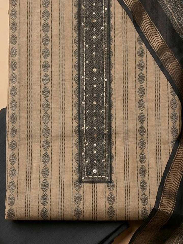 Grey Tussar Printed Unstitched Dress Material
