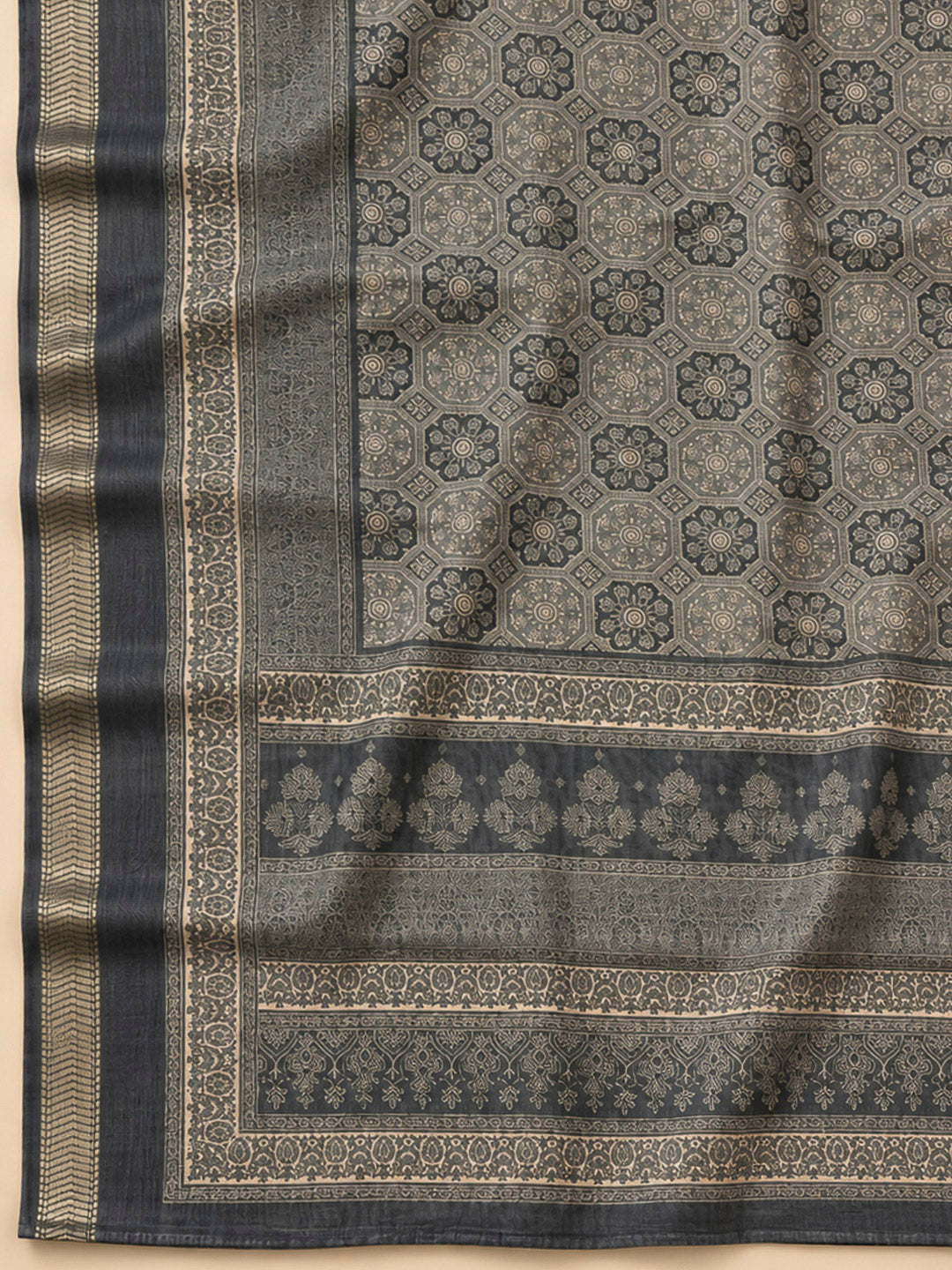 Grey Tussar Printed Unstitched Dress Material