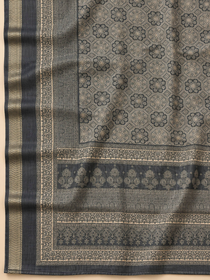 Grey Tussar Printed Unstitched Dress Material