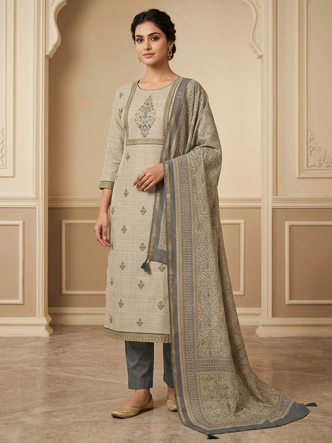 Grey Tussar Printed Unstitched Dress Material