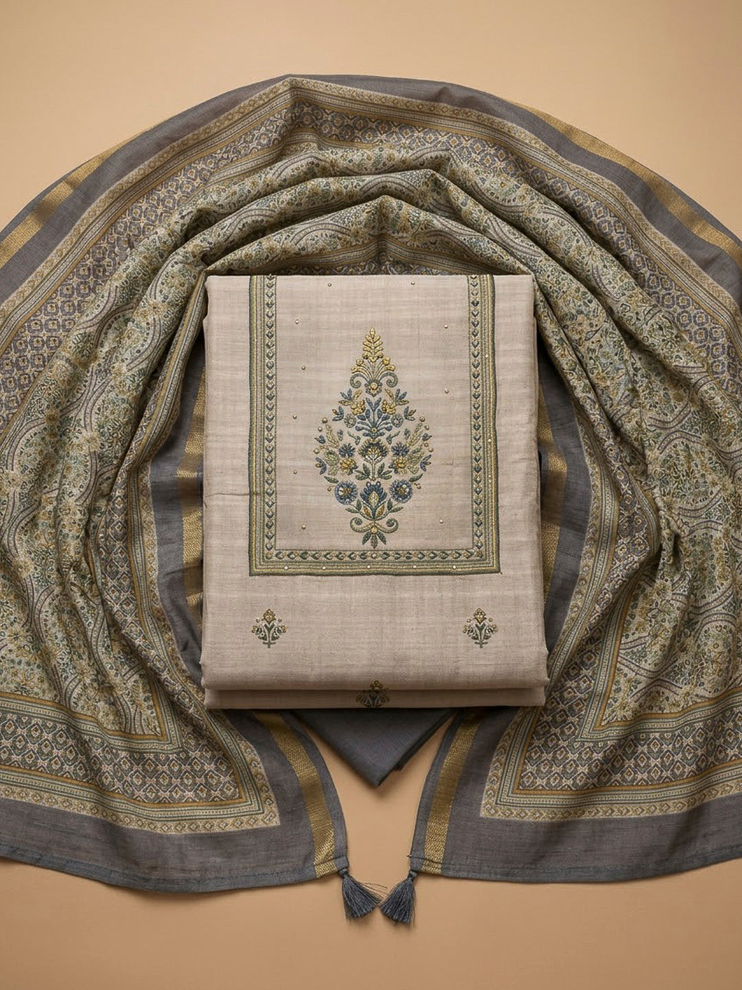 Grey Tussar Printed Unstitched Dress Material