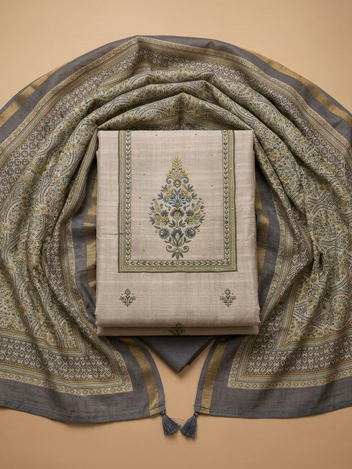 Grey Tussar Printed Unstitched Dress Material
