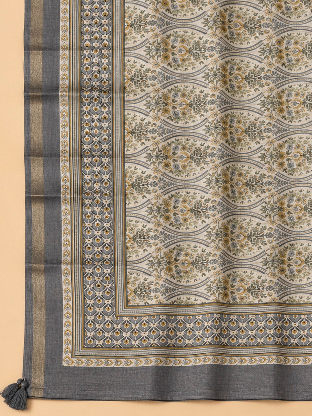 Grey Tussar Printed Unstitched Dress Material