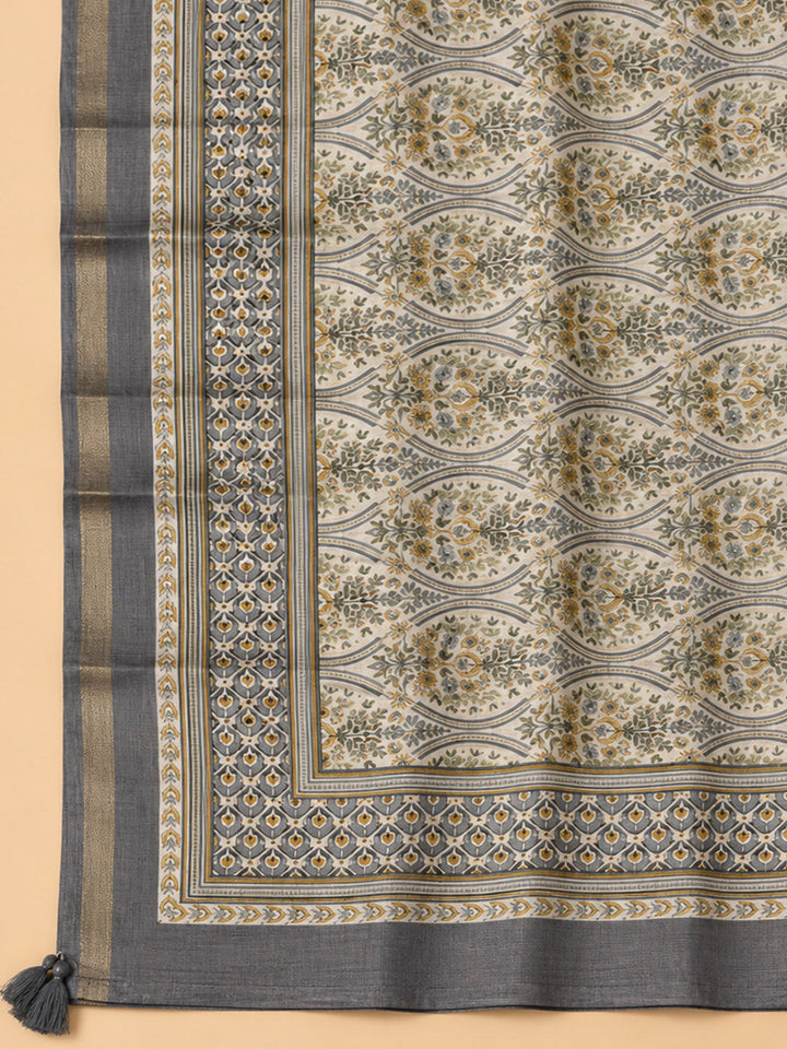 Grey Tussar Printed Unstitched Dress Material