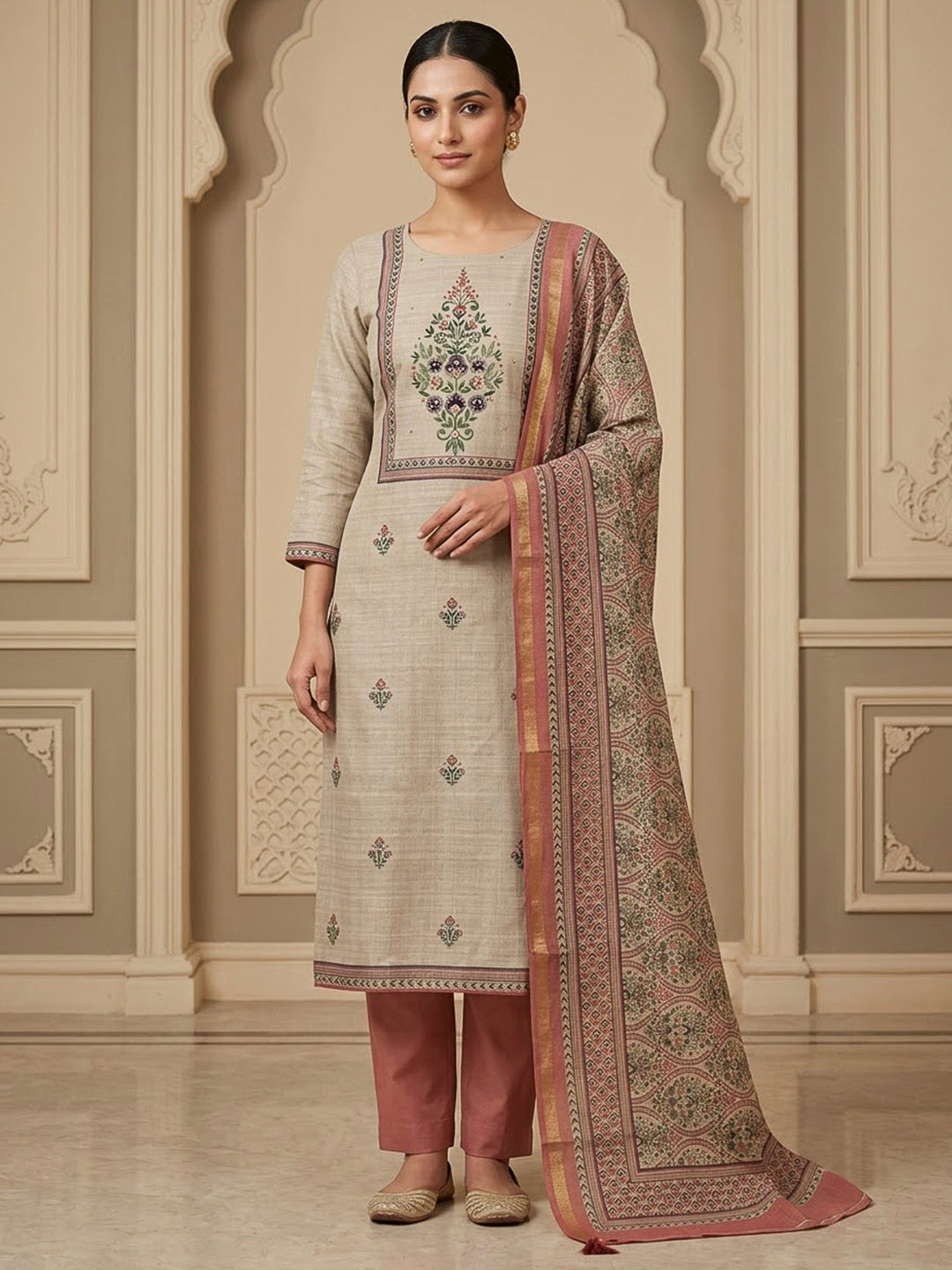 Peach Tussar Printed Unstitched Dress Material