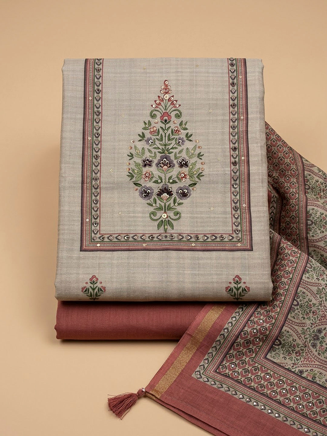 Peach Tussar Printed Unstitched Dress Material