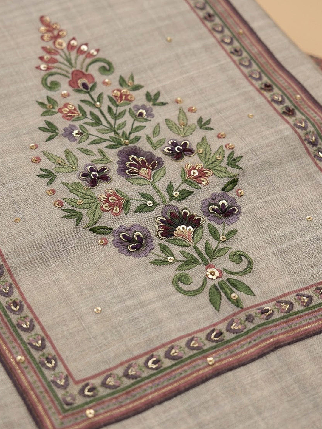 Peach Tussar Printed Unstitched Dress Material