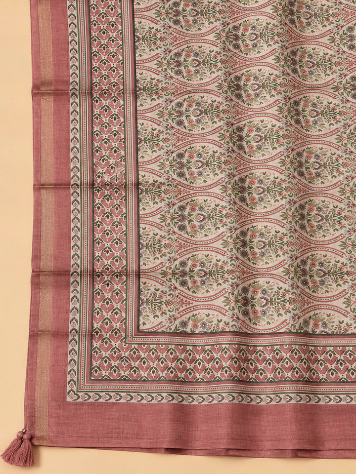 Peach Tussar Printed Unstitched Dress Material