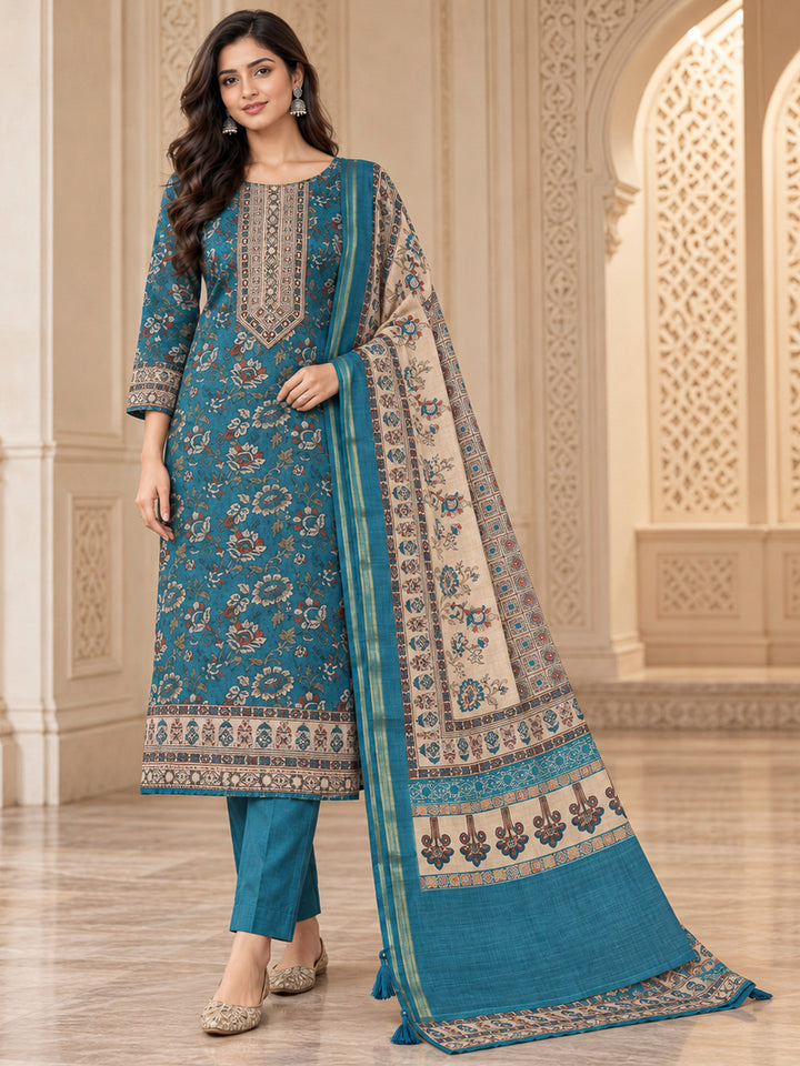 Rama Green Chanderi Embroidered Unstitched Dress Material