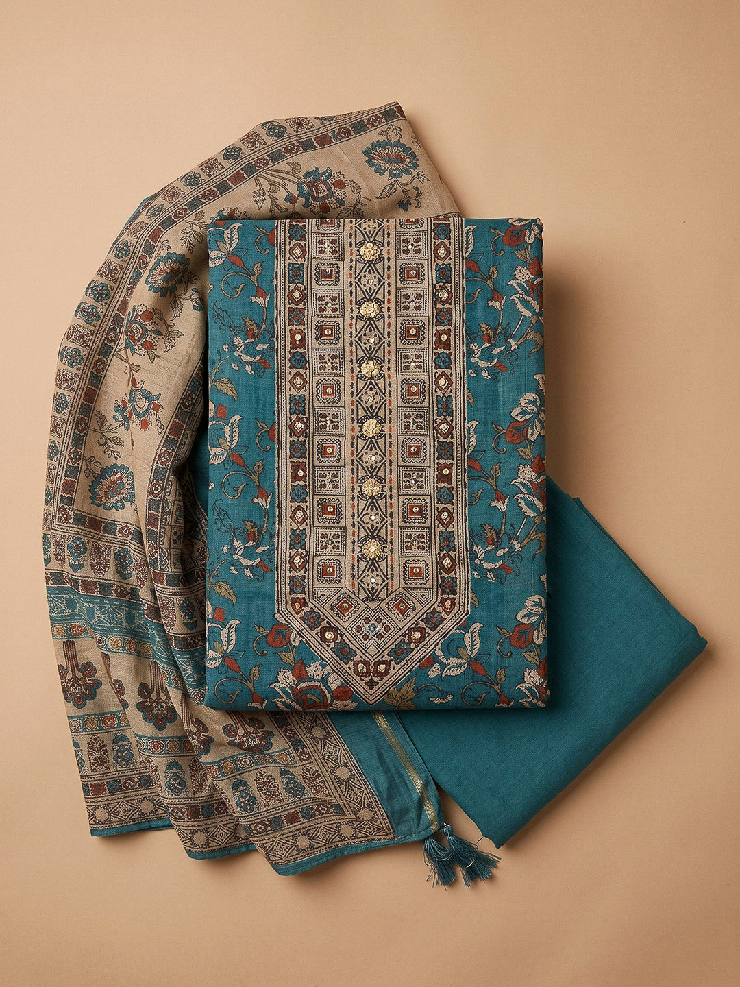 Rama Green Chanderi Embroidered Unstitched Dress Material