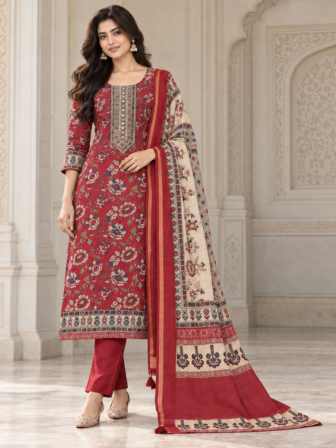 Red Chanderi Embroidered Unstitched Dress Material