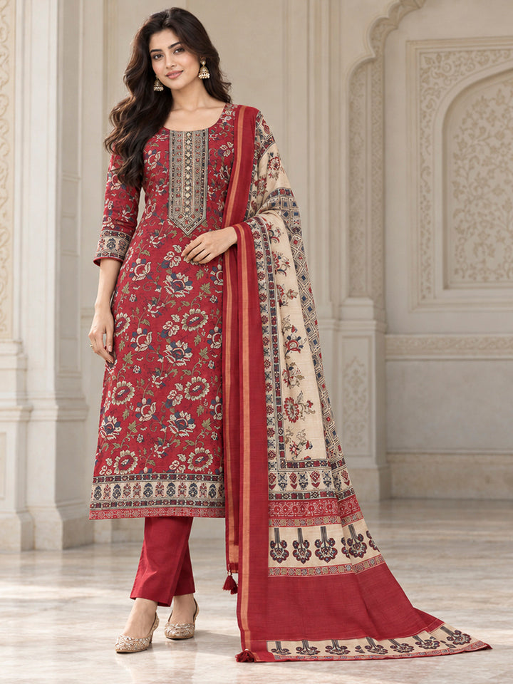 Red Chanderi Embroidered Unstitched Dress Material