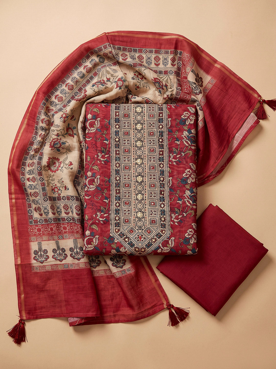 Red Chanderi Embroidered Unstitched Dress Material