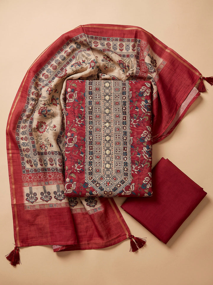 Red Chanderi Embroidered Unstitched Dress Material