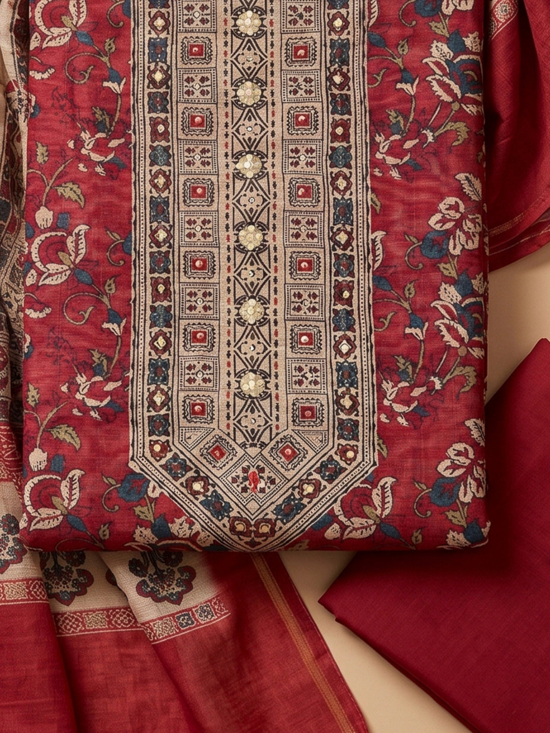 Red Chanderi Embroidered Unstitched Dress Material