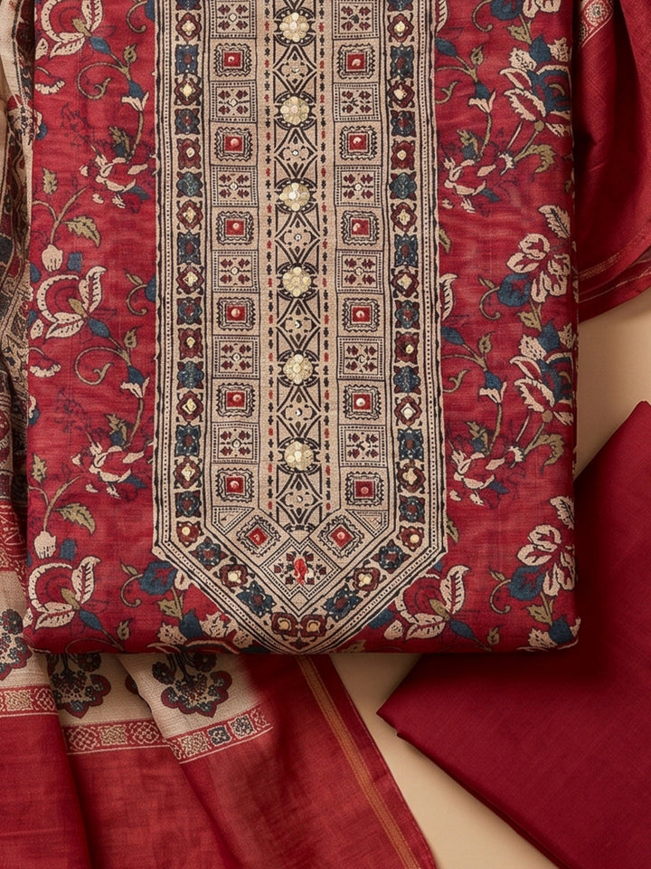 Red Chanderi Embroidered Unstitched Dress Material