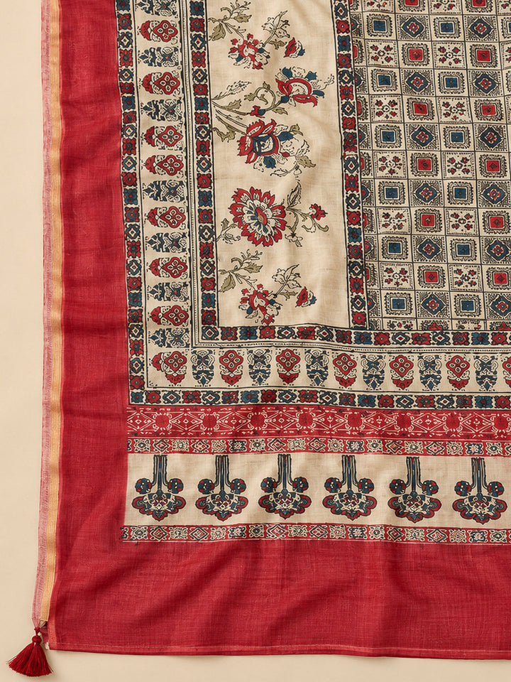 Red Chanderi Embroidered Unstitched Dress Material