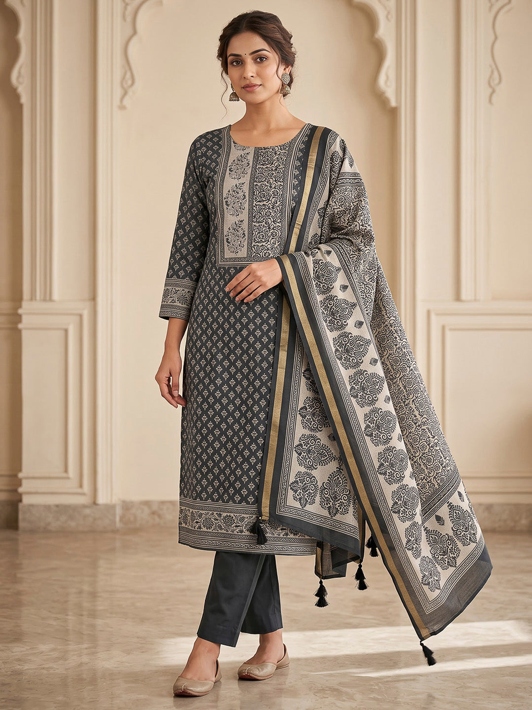 Black Chanderi Printed Unstitched Dress Material