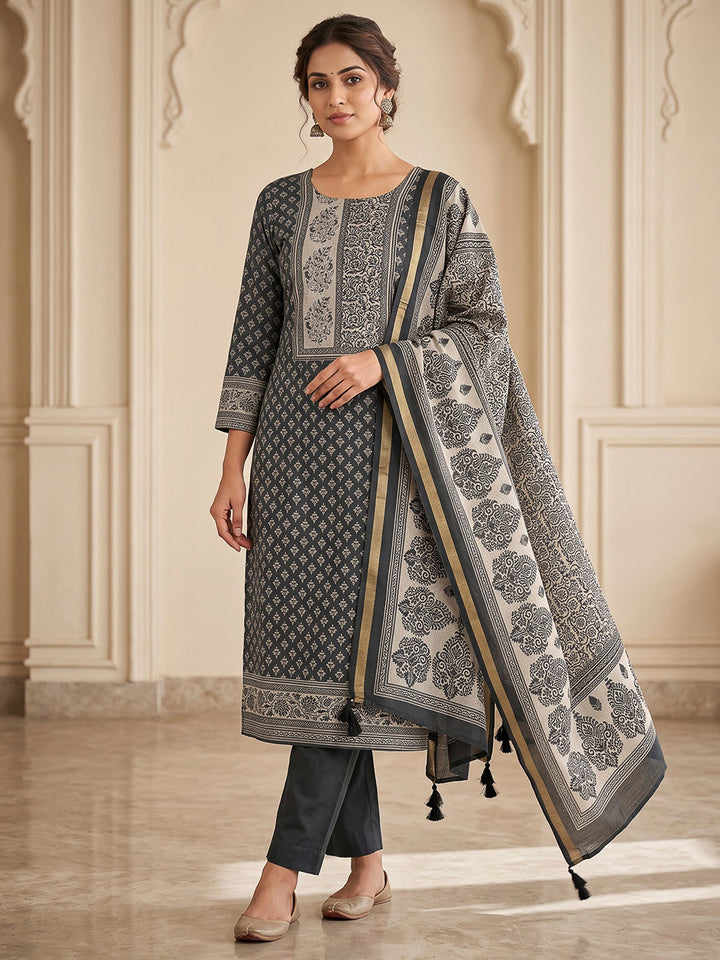 Black Chanderi Printed Unstitched Dress Material