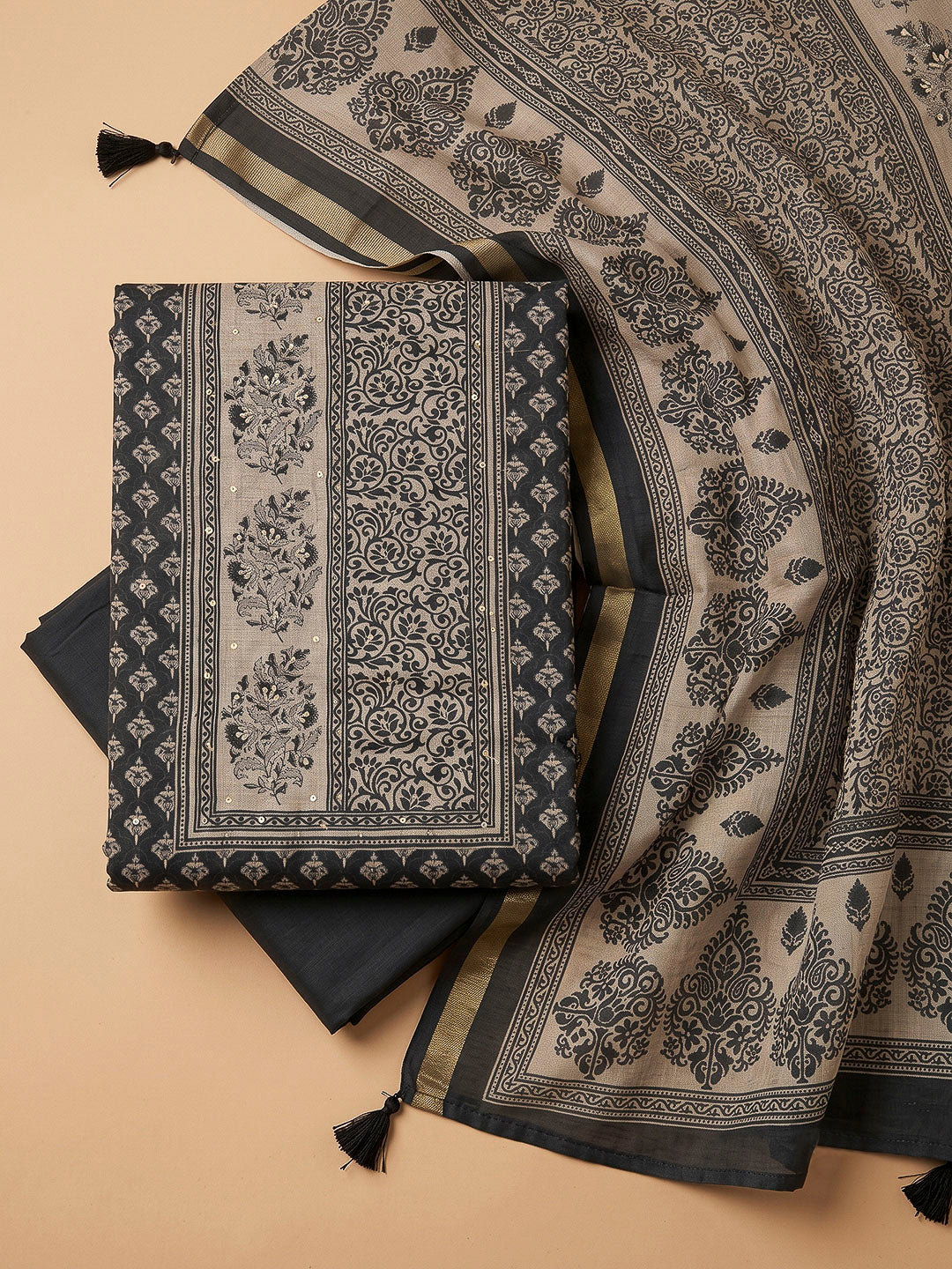 Black Chanderi Printed Unstitched Dress Material