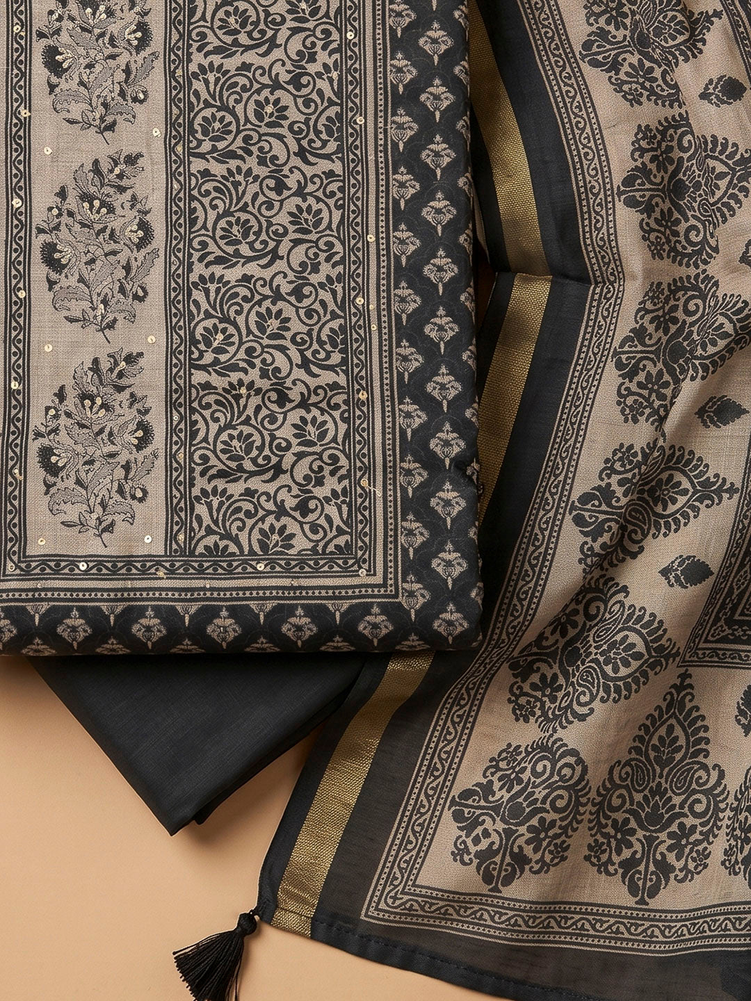 Black Chanderi Printed Unstitched Dress Material