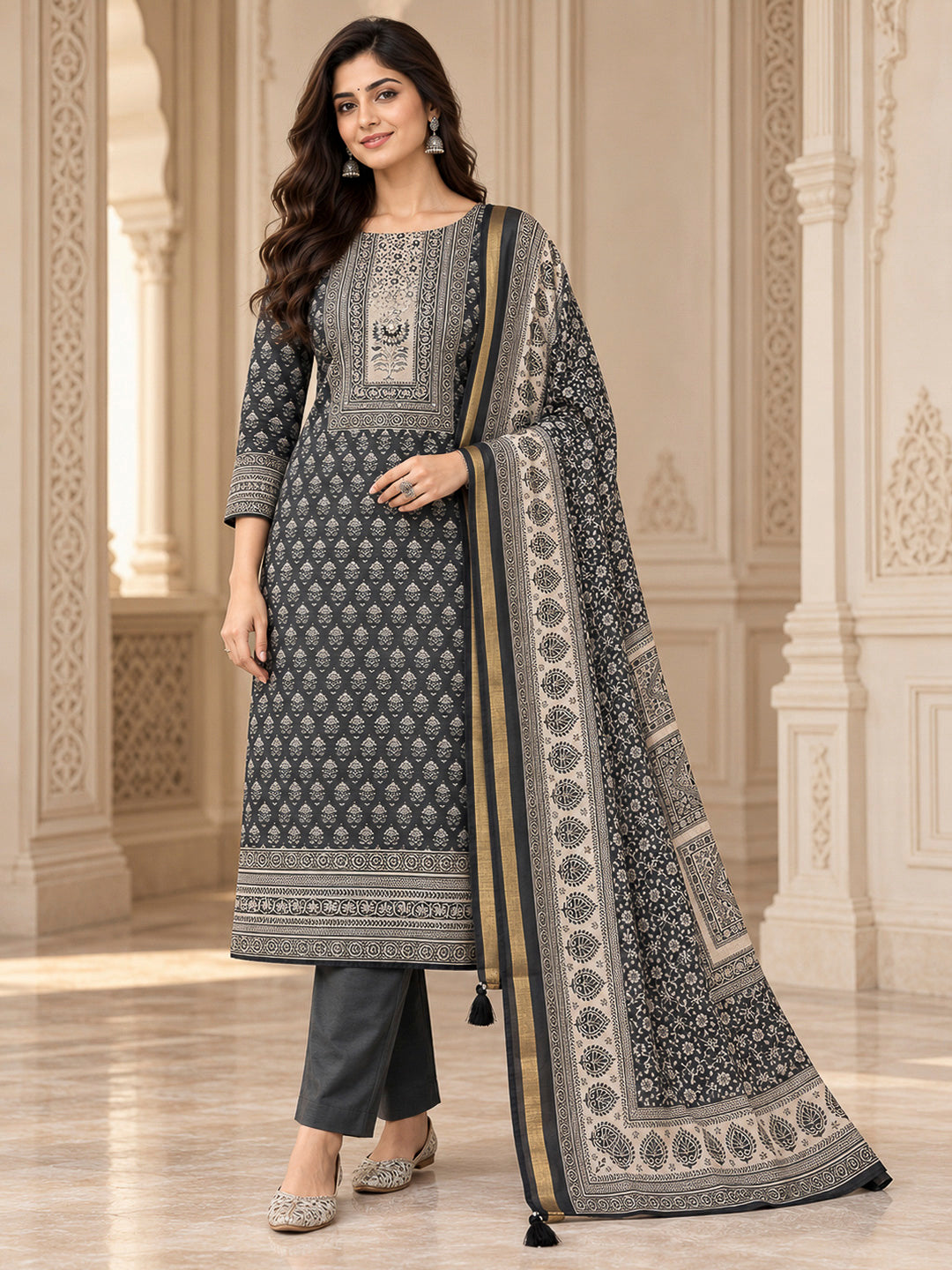 Black Chanderi Printed Unstitched Dress Material