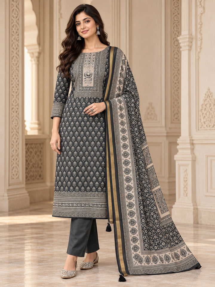 Black Chanderi Printed Unstitched Dress Material
