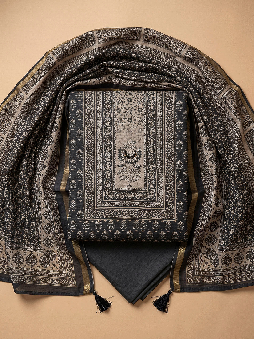 Black Chanderi Printed Unstitched Dress Material