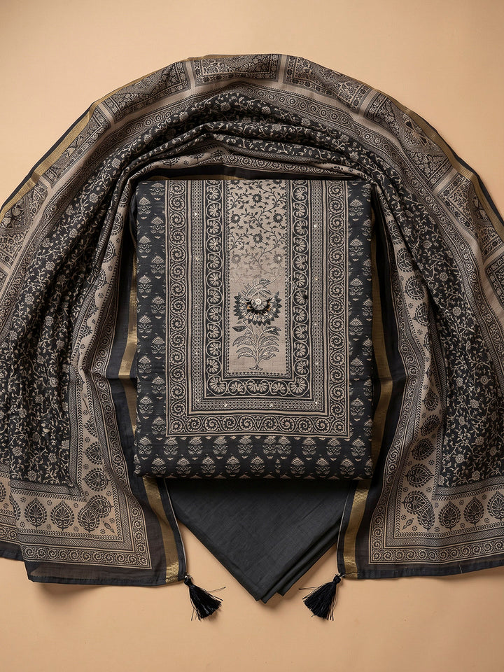 Black Chanderi Printed Unstitched Dress Material