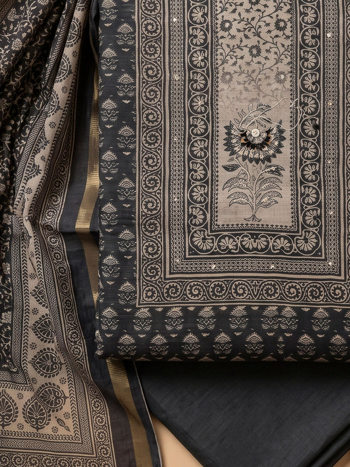 Black Chanderi Printed Unstitched Dress Material