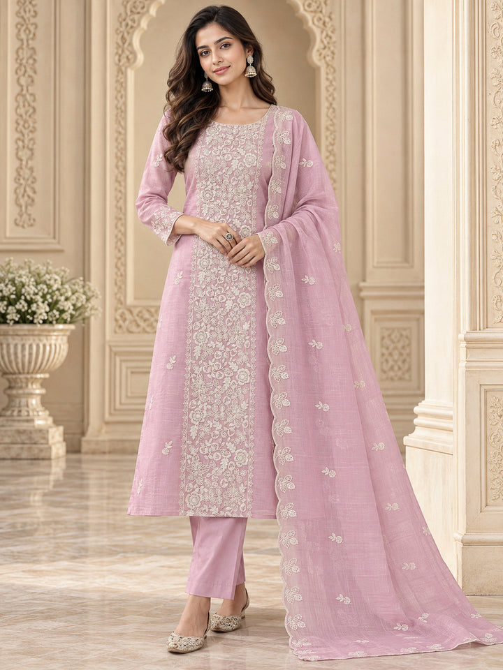 Onion Pink Chanderi Embroidered Unstitched Dress Material