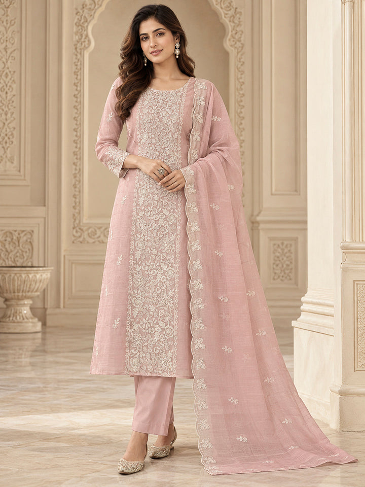 Peach Chanderi Embroidered Unstitched Dress Material